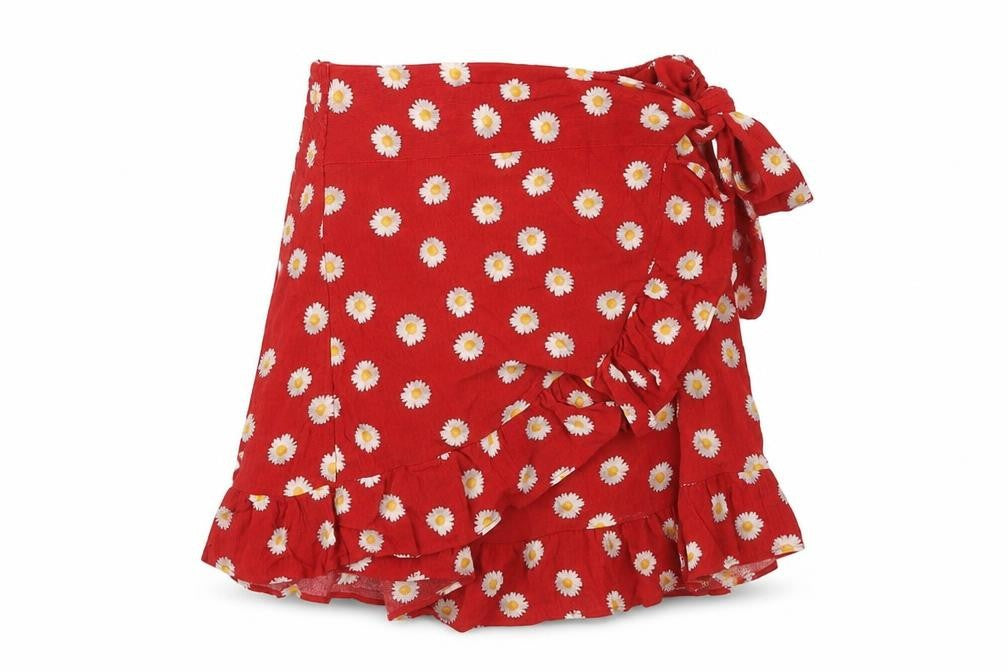 Front view of Stradivarius women’s red floral viscose wrap skirt, size L, tie