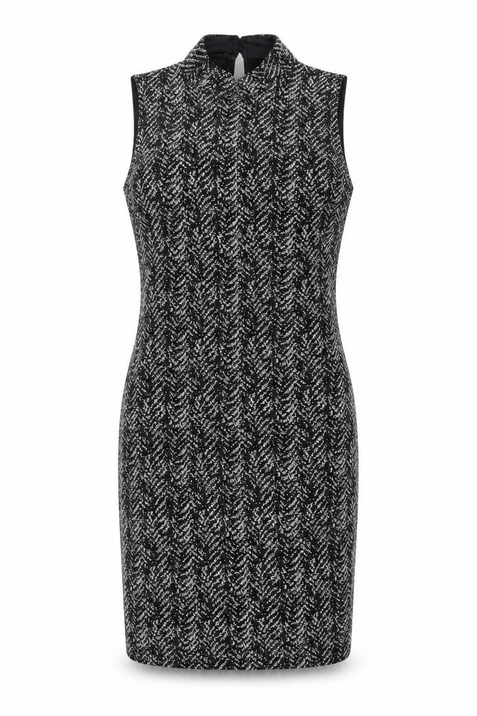 Front view of Quiz women’s black nylon a-line, size UK 8, high neck button
