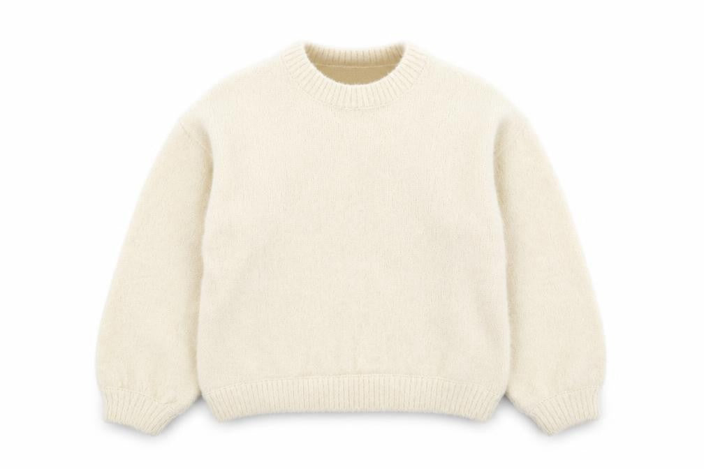 Front view of Lindex girls’ ivory round neck polyester jumper, size 10-11, years button
