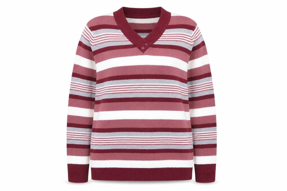 Front view of EWM women’s pink v-neck striped acrylic jumper, size UK 10