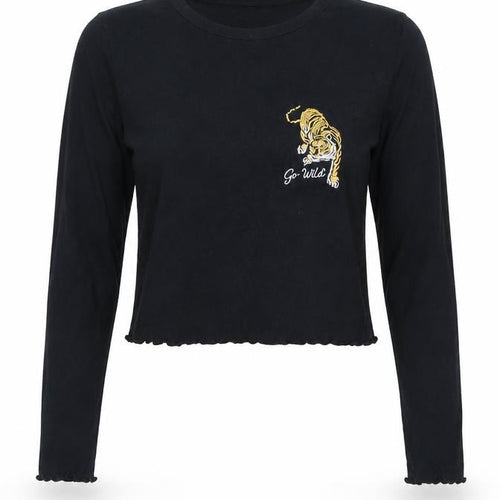 Topshop Womens Black Cotton Cropped T-Shirt Size 6 Round Neck - Tiger Lettuce Hem