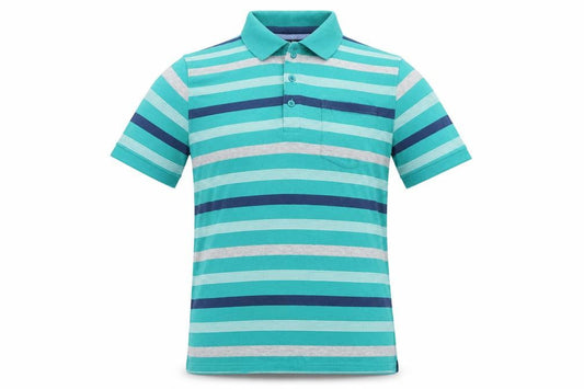 Front view of Dunnes men’s green striped cotton polo, size S, collared button