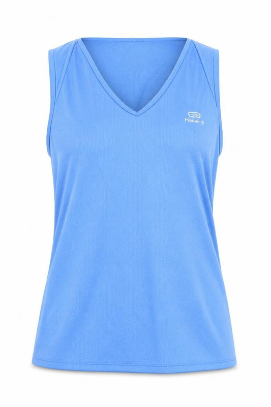 Front view of Kalenji women’s beige polyester camisole tank, size XS, v-neck