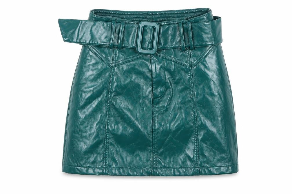 FOREVER 21 Womens Green Polyester Mini Skirt Size S Buckle - Faux Leather