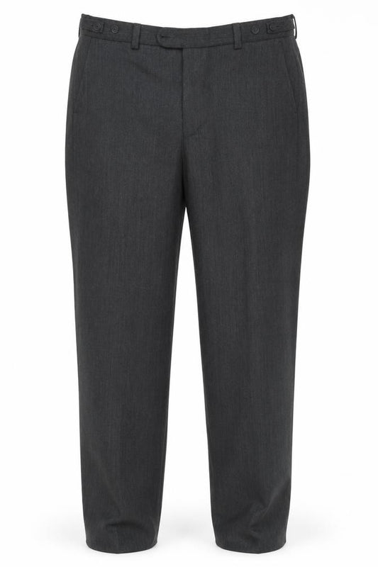 Front view of Prestige men’s grey polyester trousers, size 36, in, 32-inch leg regular button