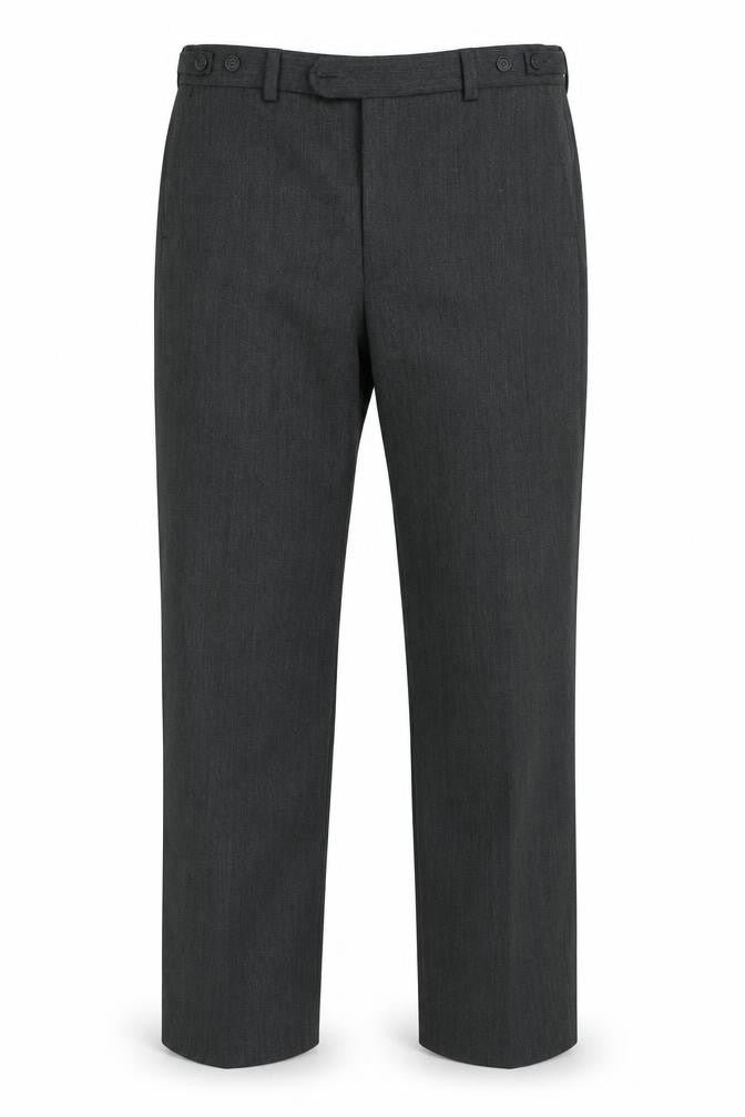 Front view of Prestige men’s grey polyester trousers, size 36, in, 29-inch leg regular button