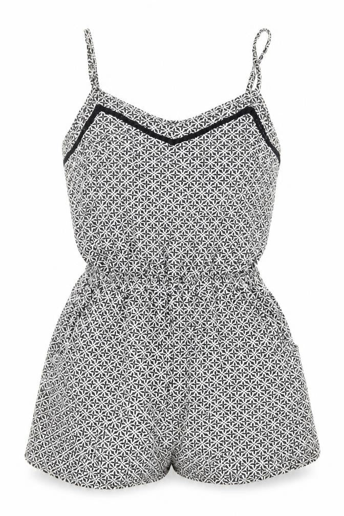 Front view of H&M women’s black geometric viscose playsuit one-piece, size UK 6, pullover