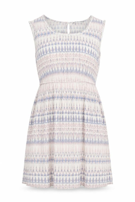 Front view of Dorothy Perkins women’s multicoloured geometric viscose skater dress, size UK 14, round neck button