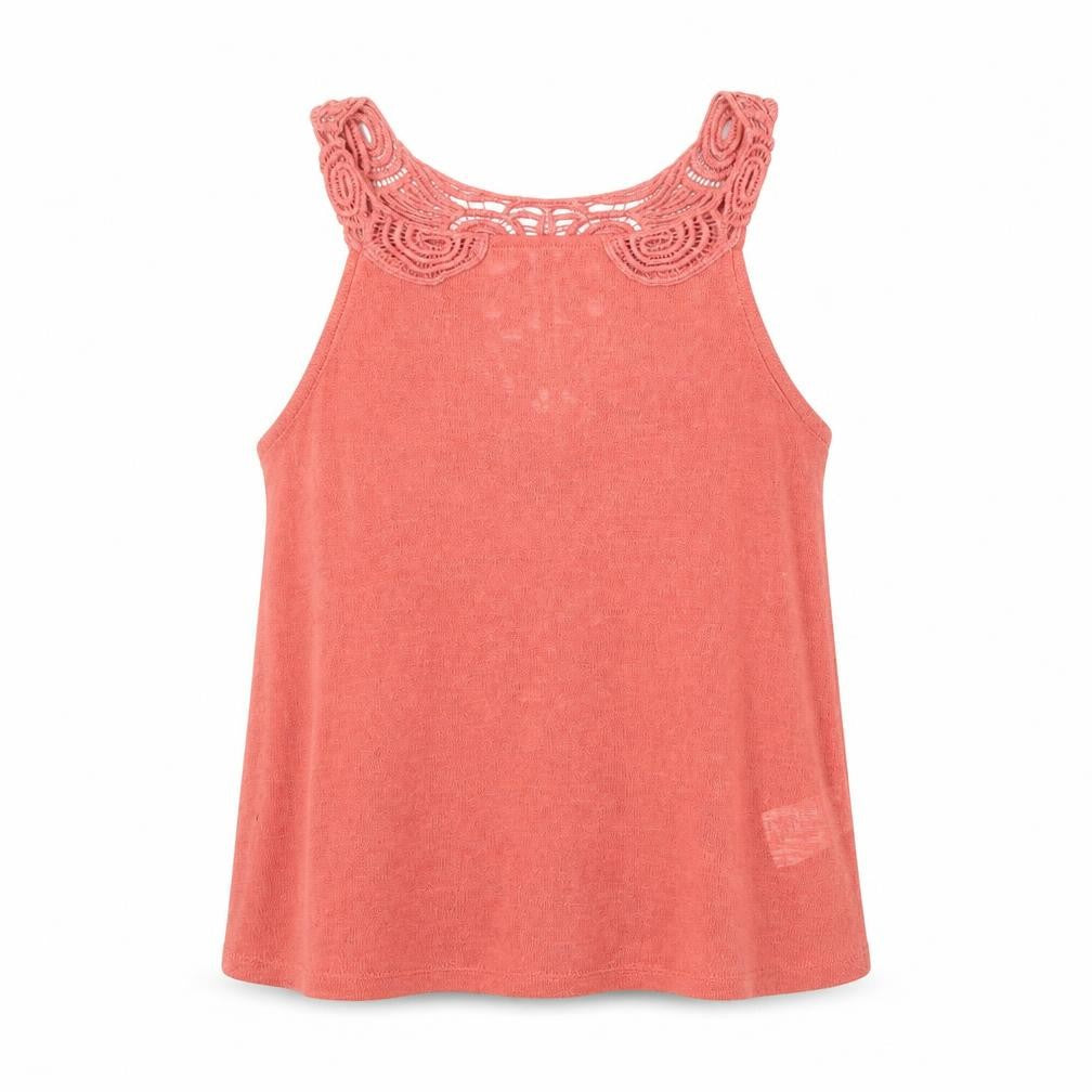 Front view of H&M women’s red polyester basic t-shirt, size XS, halter - embellished collar