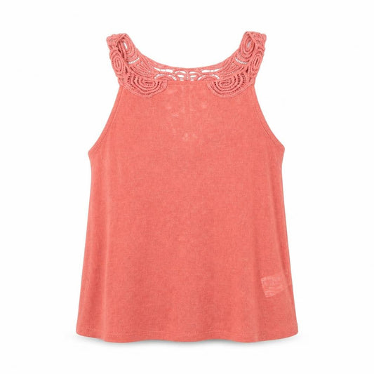 Front view of H&M women’s red polyester basic t-shirt, size XS, halter - embellished collar