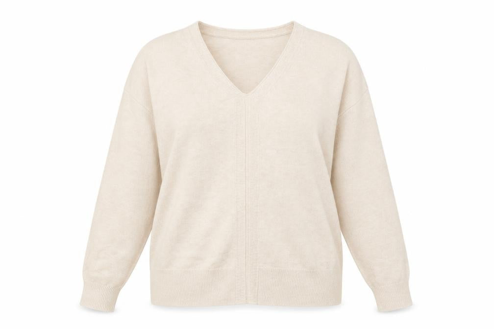 Front view of Marks & Spencer women’s beige v-neck polyester jumper, size XS