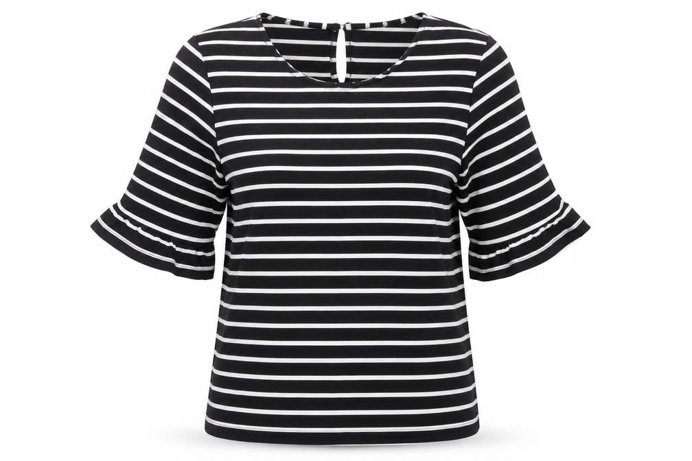 Front view of Oasis women’s black striped polyester basic t-shirt, size XS, round neck