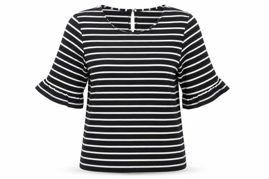 Front view of Oasis women’s black striped polyester basic t-shirt, size XS, round neck