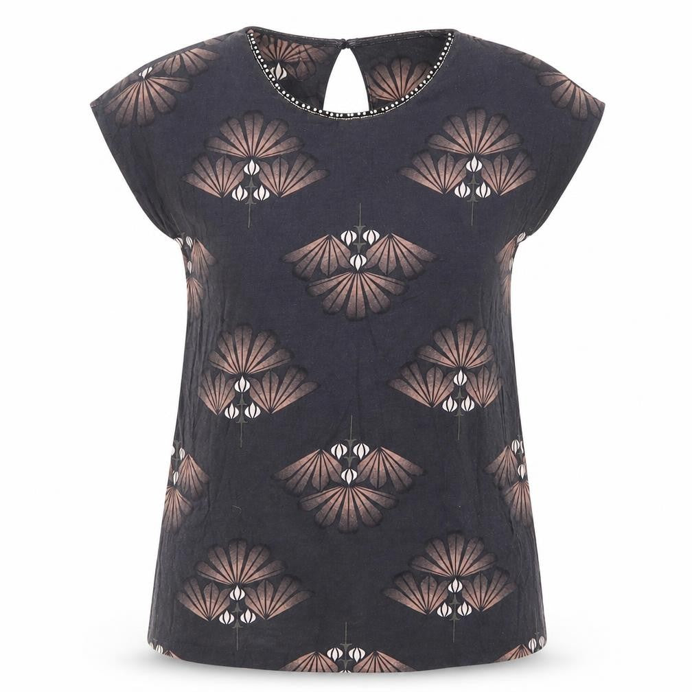Front view of Next women’s multicoloured geometric viscose basic t-shirt, size UK 6, round neck
