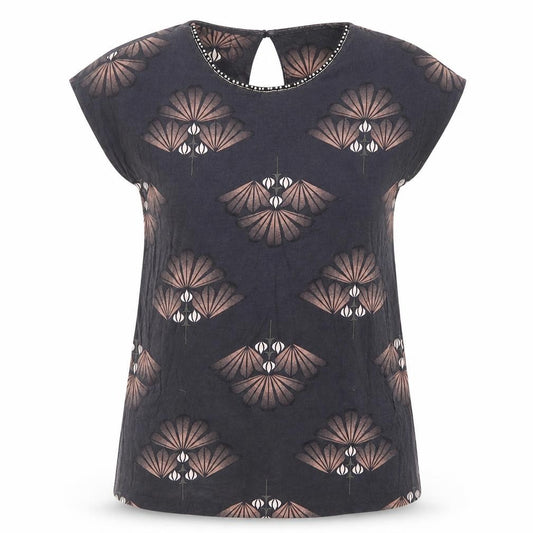 Front view of Next women’s multicoloured geometric viscose basic t-shirt, size UK 6, round neck