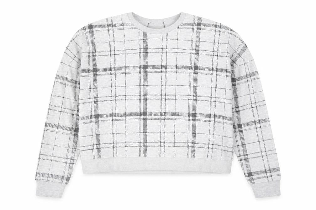 Front view of Primark women’s grey plaid polyester pullover sweatshirt, size XS, pullover - cropped