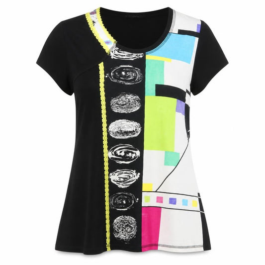 Front view of FA Concept women’s multicoloured polyester basic t-shirt, size UK 18, round neck - lace trim