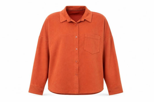 Front view of Preworn women’s orange polyester basic button-up, size L, collared