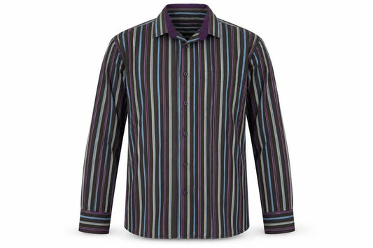 Front view of Remus Uomo men’s multicoloured striped cotton button-up, size M, collared button