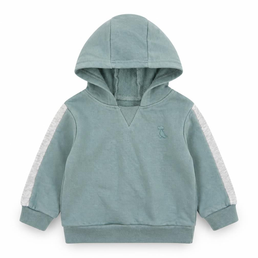 Front view of Dunnes boys’ green cotton jumper, size 6-9, months pullover - dinosaur