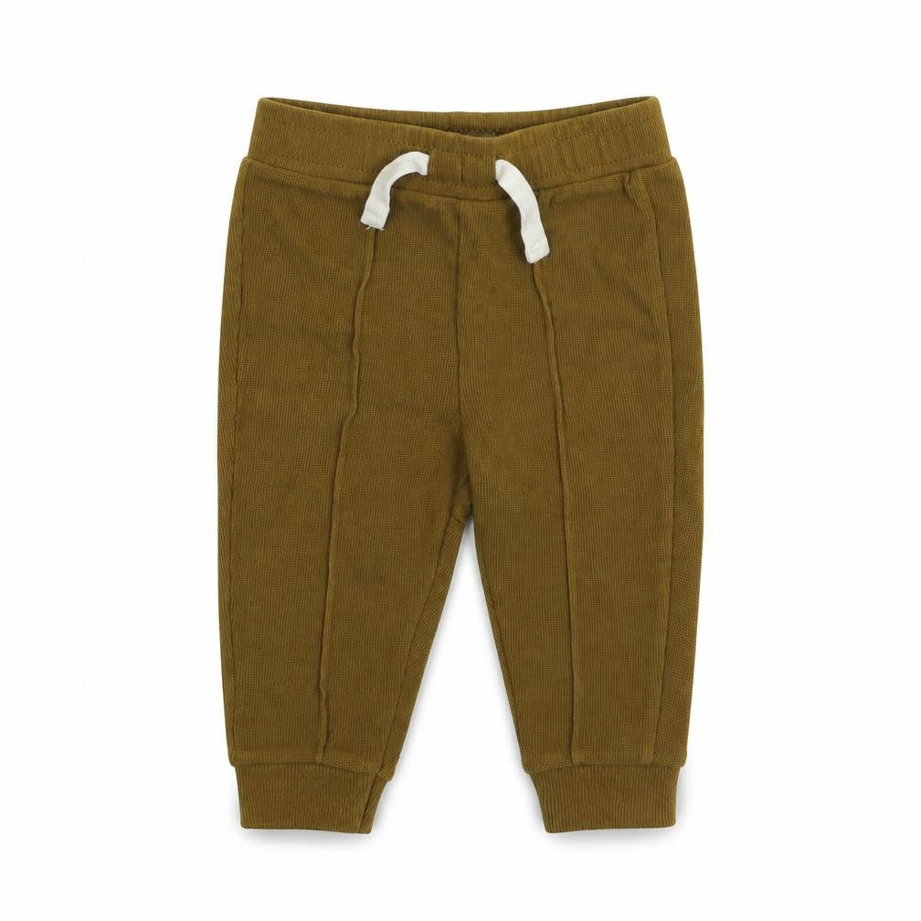 Front view of River Island boys’ brown cotton sweatpants, size 6-9, months drawstring