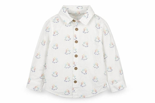 Front view of Primark boys’ white cotton basic button-up, size 9-12, months collared button - dinosaur