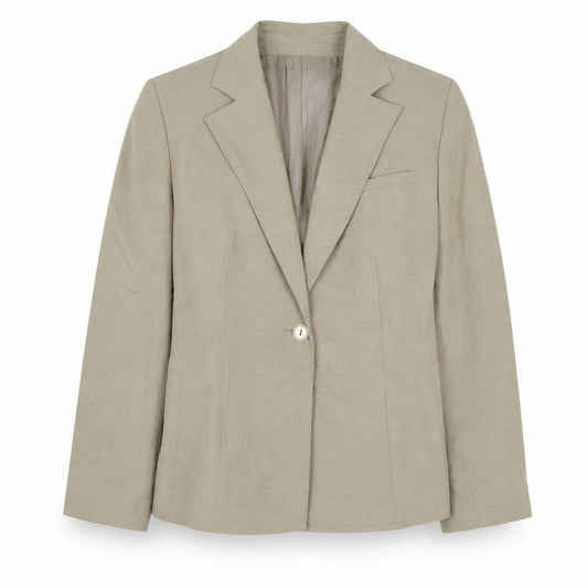 Front view of Klass women’s beige polyester jacket suit jacket, size UK 12