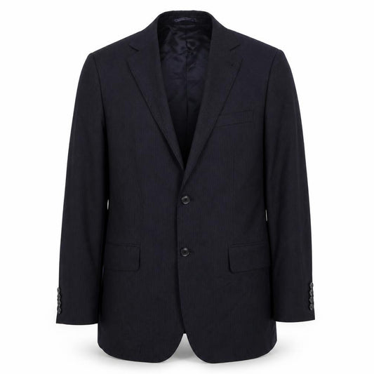 Front view of H&M men’s blue striped polyester jacket suit jacket, size 40