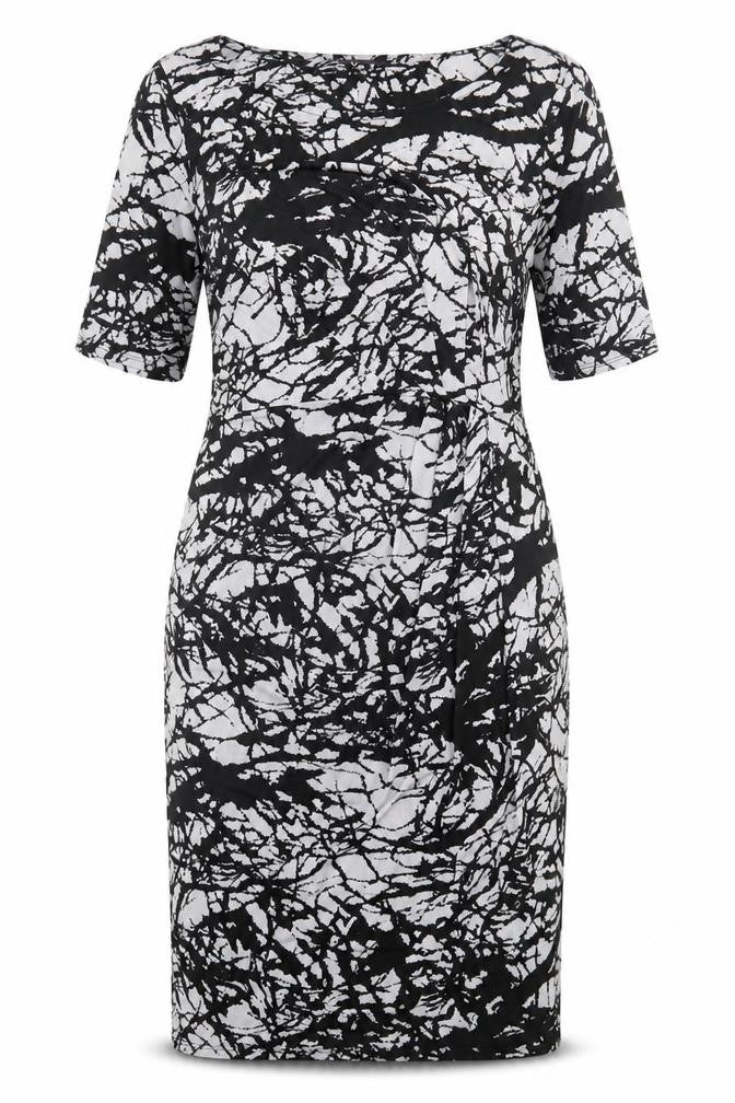 Front view of Marks & Spencer women’s black geometric polyester pencil dress, size UK 12, crew neck pullover - twist front