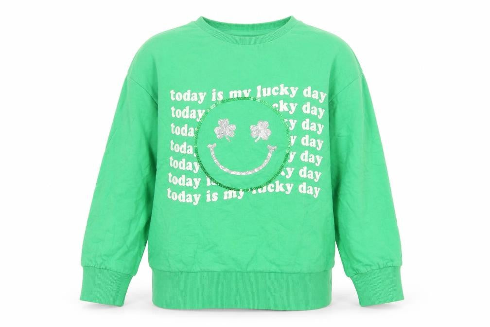 Front view of Dunnes girls’ green cotton pullover sweatshirt, size 7, years pullover - today is my lucky day