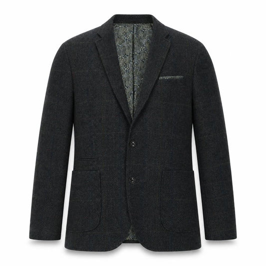 Front view of Primark men’s grey plaid polyester jacket suit jacket, size L