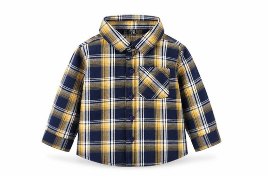 Front view of Lullaby boys’ blue plaid cotton basic button-up, size 6-9, months collared button