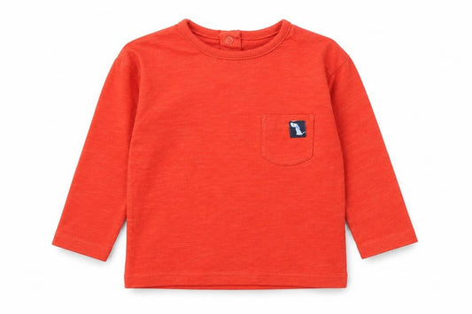 Front view of Dunnes boys’ red cotton basic t-shirt, size 6-9, months round neck snap - dog pocket detail