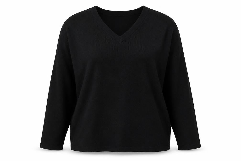 Front view of Atmosphere women’s black v-neck acrylic jumper, size UK 10