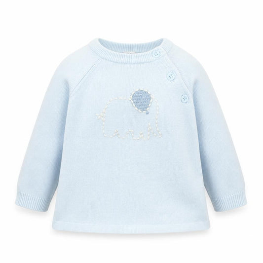 Front view of Marks & Spencer girls’ blue viscose jumper, size 3-6, months button - elephants