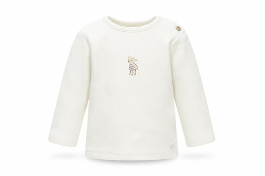 Front view of Marks & Spencer boys’ beige cotton jumper, size 3-6, months button - bear