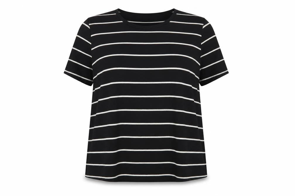 Front view of Emery Rose women’s black striped polyester basic t-shirt, size XL, scoop neck