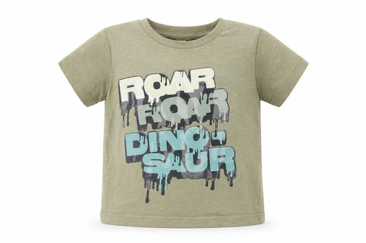 Front view of Next Baby Green Cotton Pullover T-Shirt, size 6-9, Months Crew Neck Pullover - Dinosaur