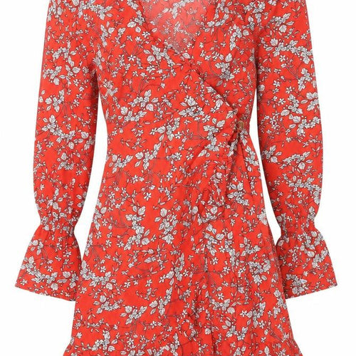 Jubylee Womens Red Floral Polyester Wrap Dress Size S V-Neck Pullover - Poet Sleeve
