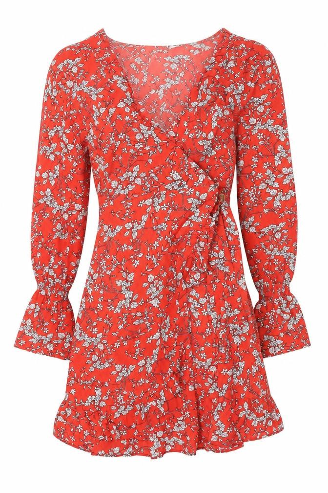 Jubylee Womens Red Floral Polyester Wrap Dress Size S V-Neck Pullover - Poet Sleeve
