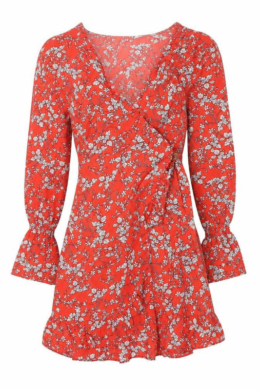 Front view of Jubylee women’s red floral polyester wrap dress, size S, v-neck pullover - poet sleeve