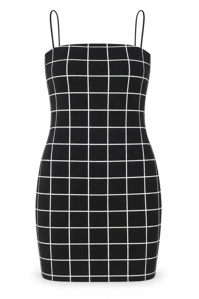 Front view of SHEIN women’s black check polyester bodycon, size XS, square neck pullover