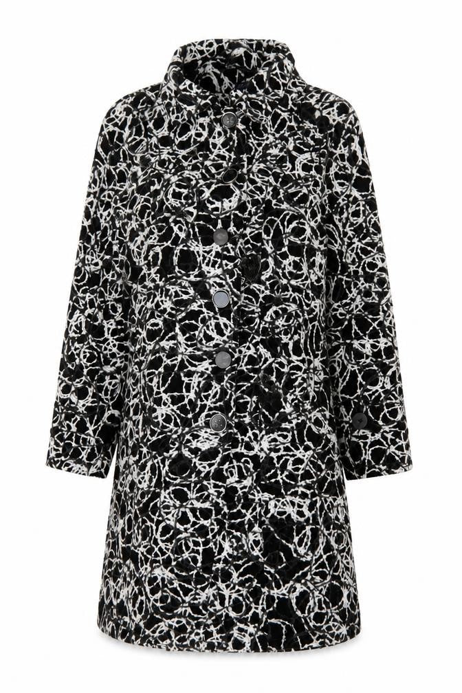 Front view of Poetic Sand women’s black geometric overcoat coat, size UK 12, button