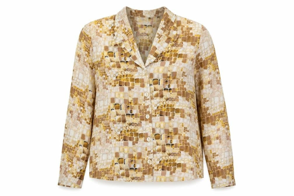 Front view of Fosby women’s beige geometric polyester jersey blouse, size M, collared