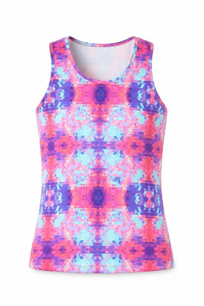 Front view of Dunnes girls’ multicoloured geometric polyester basic tank, size S, scoop neck pullover
