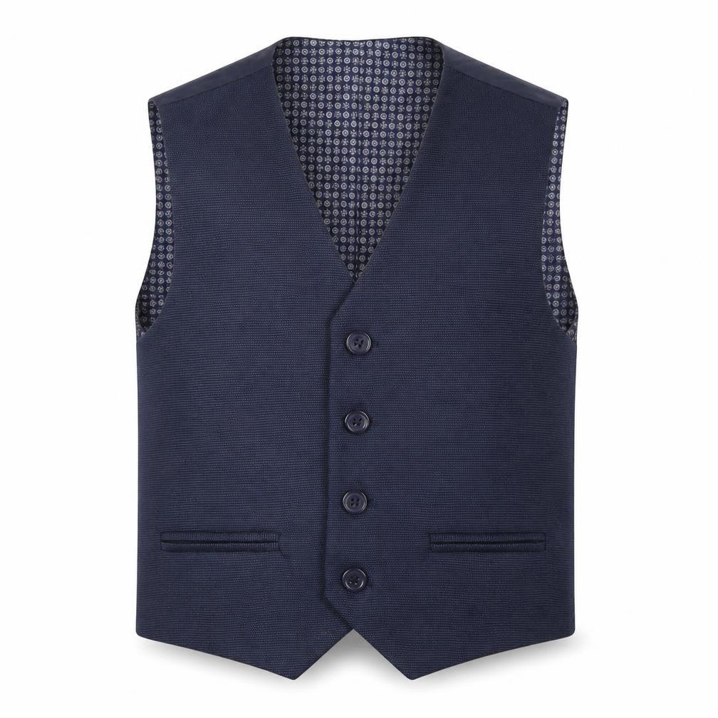 Front view of Preworn boys’ blue jacket waistcoat, size 5, years button