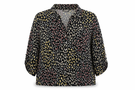 Front view of Anna Rose women’s multicoloured animal print polyester basic button-up, size 2XL, v-neck - leopard print