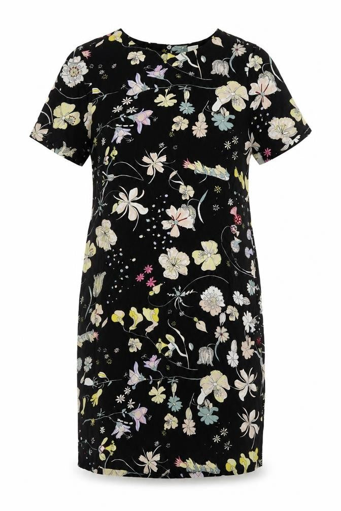 Front view of H&M women’s black floral viscose sheath, size UK 8, boat neck button
