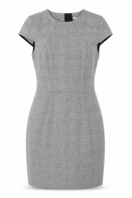 Front view of H&M women’s grey plaid polyester bodycon, size UK 4, round neck zip