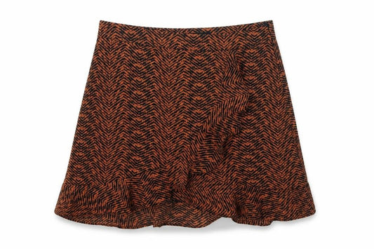 Front view of Missi London women’s orange animal print polyester mini skirt, size UK 12, zip